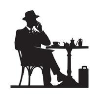A man sitting at a table talking on a cell phone silhouette black vector