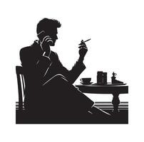 A man sitting at a table talking on a cell phone silhouette black vector