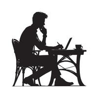 A man sitting at a table talking on a cell phone silhouette black vector