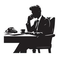 A man sitting at a table talking on a cell phone silhouette black vector