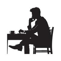 A man sitting at a table talking on a cell phone silhouette black vector