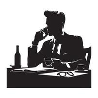 A man sitting at a table talking on a cell phone silhouette black vector