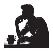 A man sitting at a table talking on a cell phone silhouette black vector