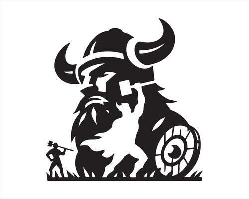a viking with a hammer and shield is depicted in a silhouette