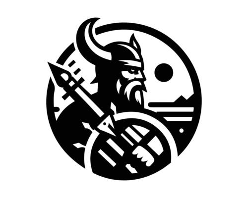 viking warrior with spear and shield in circle logo