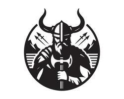 viking warrior with axe and spear in black and white vector
