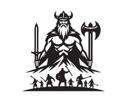viking warrior with sword and axe, black and white logo vector