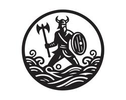 the viking is standing on the waves with a spear vector