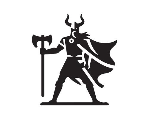 a black and white illustration of a viking with a hammer