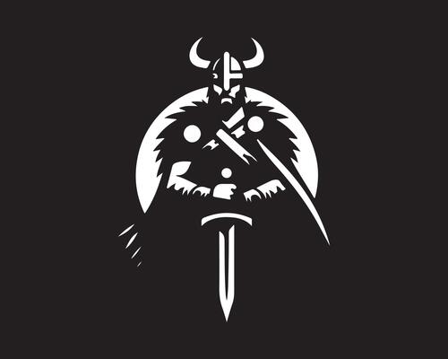 a viking warrior with a sword and horns on a black background