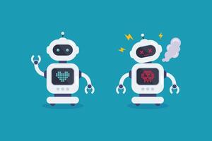 Set of normal robot and broken error robot with spark. vector