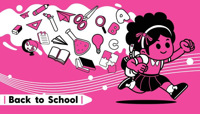 Cartoon Girl happy run with School elements Back to School concept on pink background