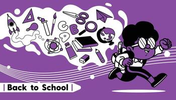 Cartoon Boy happy run with School elements Back to School concept on green background vector