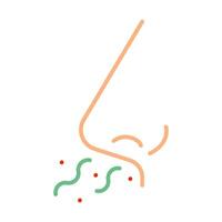 Nose with smell particles line icon. Olfactory system, scent detection, allergy, breathing, nasal, odor, sense, particles, nose, line, icon, smell vector