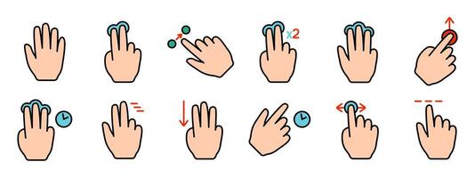 Gesture set icon. Swipe, tap, doubleclick, rotate, pinch, zoom, scroll, gesture, touchscreen, interaction, user interface, hand movement, multitouch, gesture, swipe, pinch, control vector