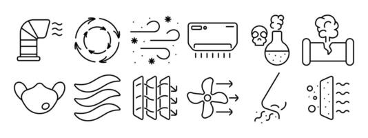 Environmental impact set icon. Pollution, emissions, deforestation, oil spill, water pollution, plastic waste, climate change, air quality, factory emissions, toxic waste, gas mask, lungs vector
