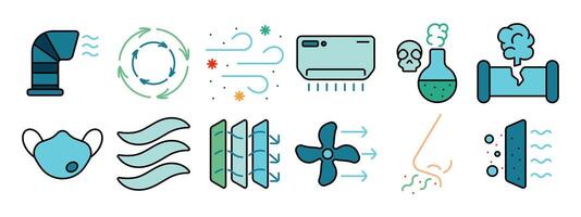 Environmental impact set icon. Pollution, emissions, deforestation, oil spill, water pollution, plastic waste, climate change, air quality, factory emissions, toxic waste, gas mask, lungs vector