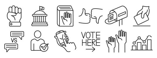 Voting set icon. Election, voting, ballot, mobile voting, debate, candidate, poll, voter registration, election analysis, government, campaign, approval, rejection, mail voting, democracy, politics vector