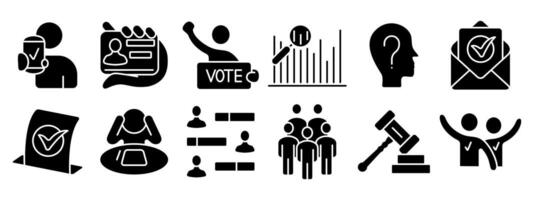 Voting set icon. Mobile voting, voter ID, candidate, voting booth, poll analysis, voter head, election results, ballot, group, vote, law, victory. vector