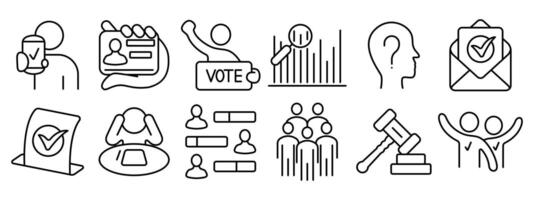 Voting set icon. Mobile voting, voter ID, candidate, voting booth, poll analysis, voter head, election results, ballot, group, vote, law, victory. vector