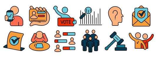 Voting set icon. Mobile voting, voter ID, candidate, voting booth, poll analysis, voter head, election results, ballot, group, vote, law, victory. vector