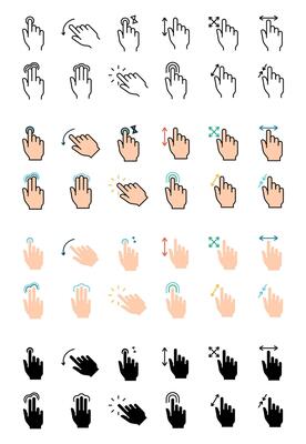 Gesture set icon. Swipe, tap, doubleclick, rotate, pinch, zoom, scroll, gesture, touchscreen, interaction, user interface, hand movement, multitouch, gesture, swipe, pinch, control