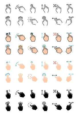Gesture set icon. Swipe, tap, doubleclick, rotate, pinch, zoom, scroll, gesture, touchscreen, interaction, user interface, hand movement, multitouch, gesture, swipe, pinch, control