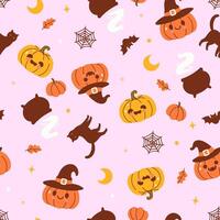 Seamless pattern with Halloween pumpkins, cats, cauldrons, cobwebs. graphics. vector