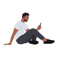 Bearded man sit on floor using modern smartphone. vector