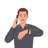 Stressed man talking by phone while looking at watch. vector
