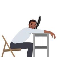 Young professional burnout syndrome. Tired man manager with low energy working on computer. vector