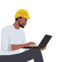 Young engineer in Work Uniform Using Laptop Computer with Spreadsheet Software. vector