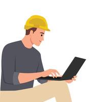 Engineer in Work Uniform Using Laptop Computer with Spreadsheet Software. vector