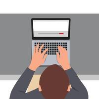 Man working with laptop, top view. vector