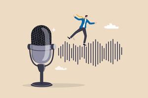 Podcast listening, microphone broadcasting with knowledge learning, personal development or voice communication to success concept, businessman walking on sound wave from podcasting microphone. vector