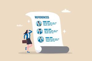 Professional references resume, people who recommend, working experience or recommendation for candidate, skill guarantee concept, business woman with reference people and work experience document. vector
