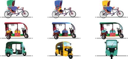 Set of Three wheelers yellow and green auto rickshaw, Tuk tuk Indian rickshaw, side view illustrations in India vector