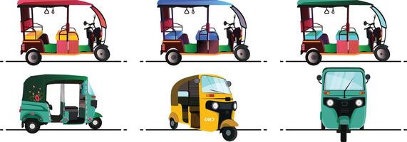 Set of Three wheelers yellow and green auto rickshaw, Tuk tuk Indian rickshaw, side view illustrations in India vector