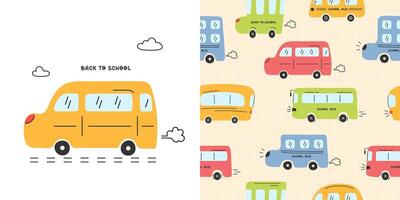 Seamless pattern with hand drawn school buses vector