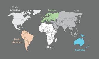 A colorful world map of different continents and colors illustration vector