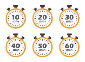 From 10 minutes to 60 minutes on stopwatch icon in flat style. Clock face timer illustration on isolated background. Countdown sign business concept. vector