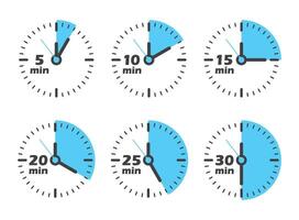 From 5 minutes to 30 minutes on stopwatch icon in flat style. Clock face timer illustration on isolated background. Countdown sign business concept. vector