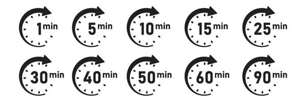 From 1 minite to 90 minutes on stopwatch icon in flat style. Clock face timer illustration on isolated background. Countdown sign business concept. vector