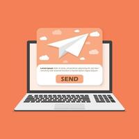 Banner of email marketing with laptop computer icon in flat style. Subscription to newsletter illustration on isolated background. Subscribe, submit sign business concept. vector