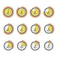 From 5 minutes to 60 minutes on stopwatch icon in flat style. Clock face timer illustration on isolated background. Countdown sign business concept. vector