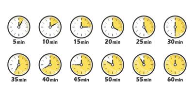 From 5 minutes to 60 minutes on stopwatch icon in flat style. Clock face timer illustration on isolated background. Countdown sign business concept. vector