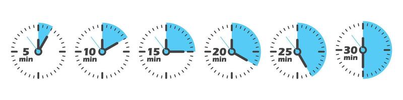 From 5 minutes to 30 minutes on stopwatch icon in flat style. Clock face timer illustration on isolated background. Countdown sign business concept. vector