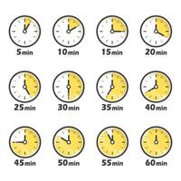 From 5 minutes to 60 minutes on stopwatch icon in flat style. Clock face timer illustration on isolated background. Countdown sign business concept. vector
