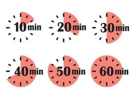 From 10 minites to 60 minutes on stopwatch icon in flat style. Clock face timer illustration on isolated background. Countdown sign business concept. vector