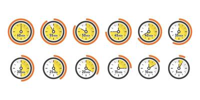 From 5 minutes to 60 minutes on stopwatch icon in flat style. Clock face timer illustration on isolated background. Countdown sign business concept. vector